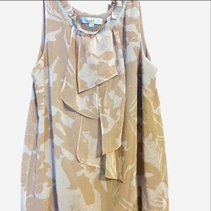 LOFT Beige Tank Ruffle Blouse Large Abstract Floral Cream Pink Hue